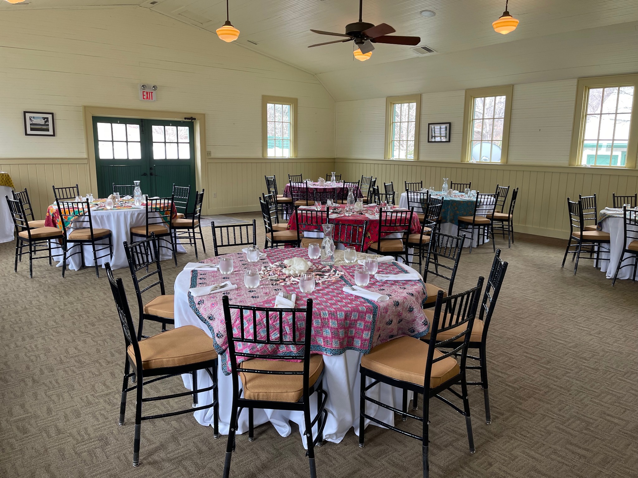 Trimble Hall styled with colorful patterned table linens